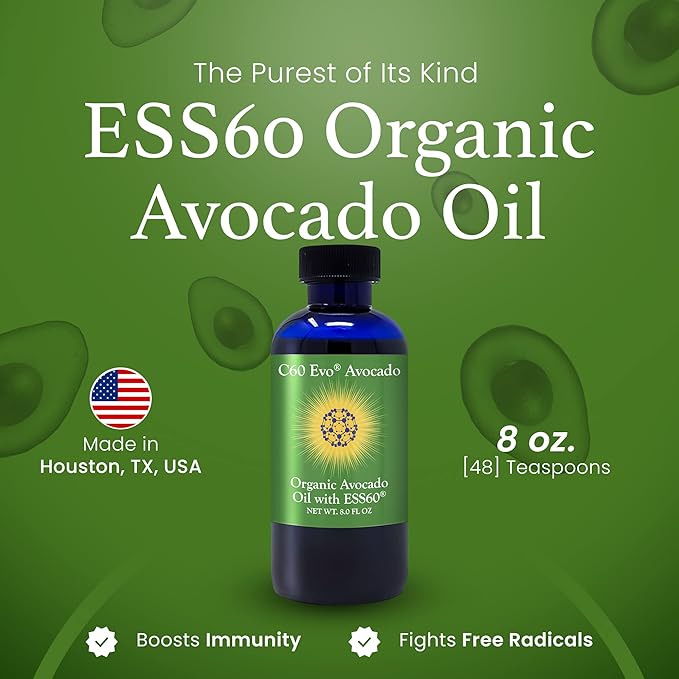 Organic Avocado Oil 100% Pure ESS60 (.6 mg/mL) Supports Joint Health Flexibility Energy Immunity Sleep - 8 oz