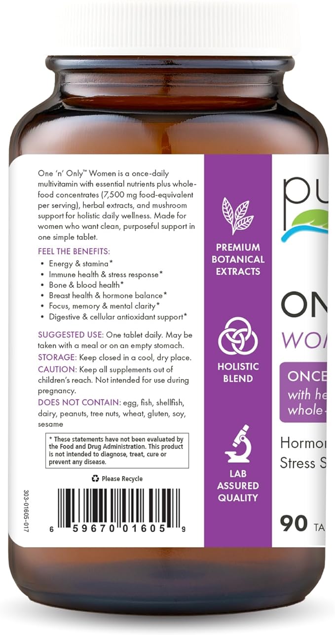PURE ESSENCE LABS One N Only Multivitamin for Women Natural One a Day Herbal Supplement with Vitamin D3 B12 and Biotin with Whole Foods 90 Tablets