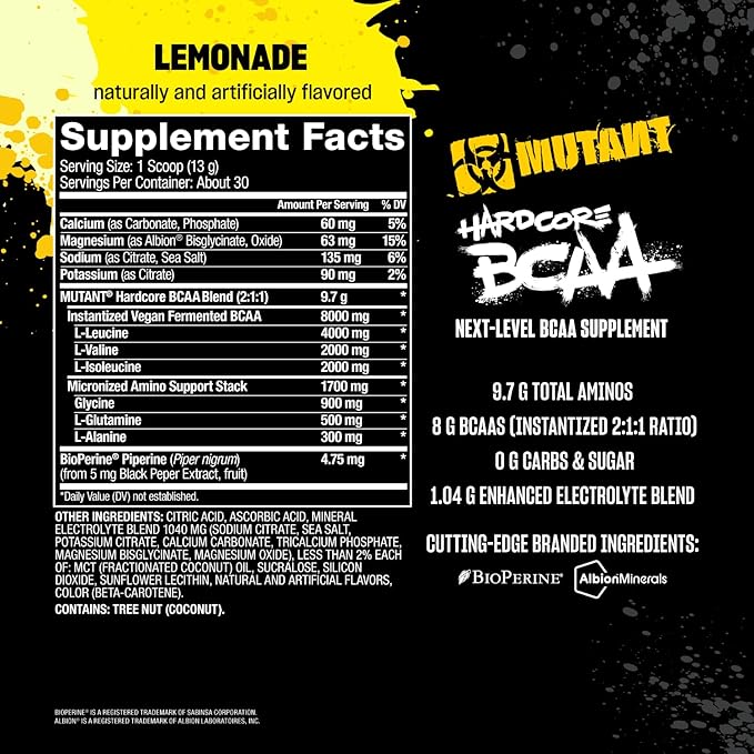 Mutant Hardcore BCAA - Pre Intra or Post Workout – BCAA Next Level branched-Chain Amino Acids Supplement – Hydration + Recovery - 30 Serving - Lemonade