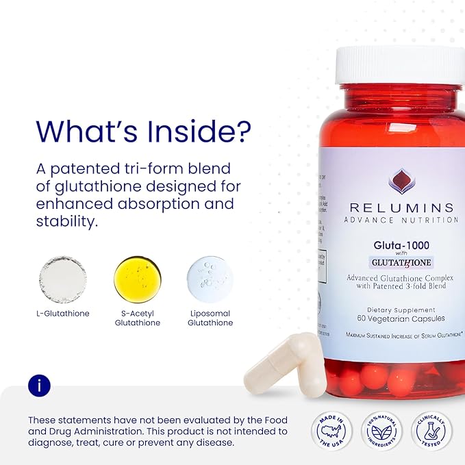 Relumins Advanced Patented Tri-Form Glutathione Complex 1000 mg — Fast-Absorb L-Glutathione S-Acetyl &amp Liposomal + Alpha-Lipoic Acid &amp Rose Hips - Made in USA
