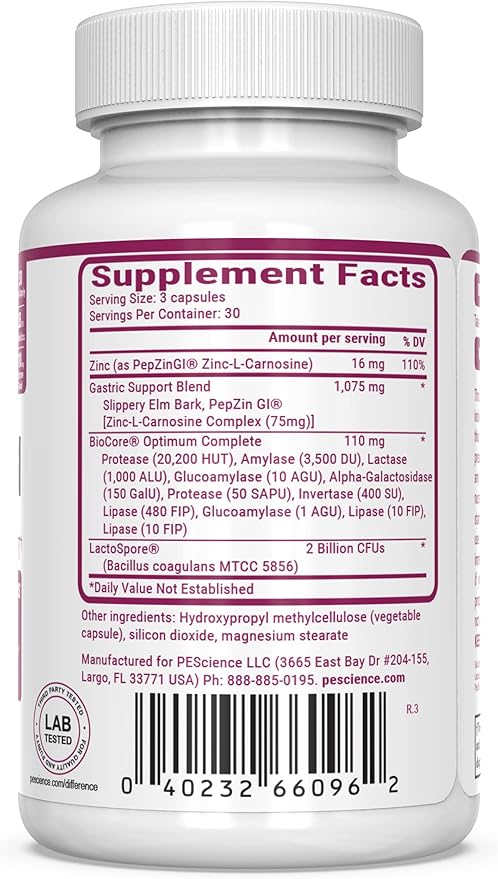 PEScience Symbiont-GI Gut Health Capsules with Zinc Carnosine Pepzin GI Shelf Stable Probiotic Digestive Enzymes Slippery Elm Bark 30 Day Supply 90 Capsules