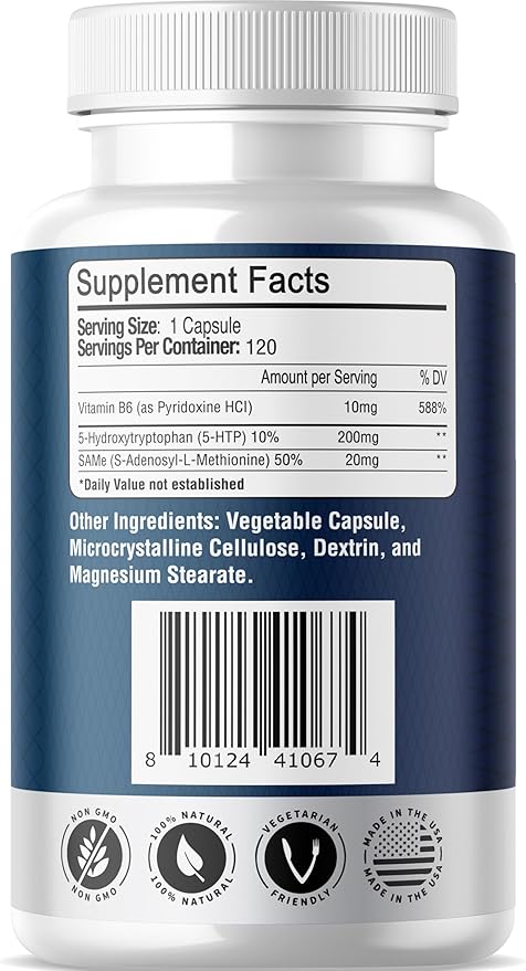 Just Potent 5-HTP Ultra 200mg | 120 Capsules - 4-Month Supply | for Sleep Mood and Brain Health | Fortified with SAM-e and Vitamin B6