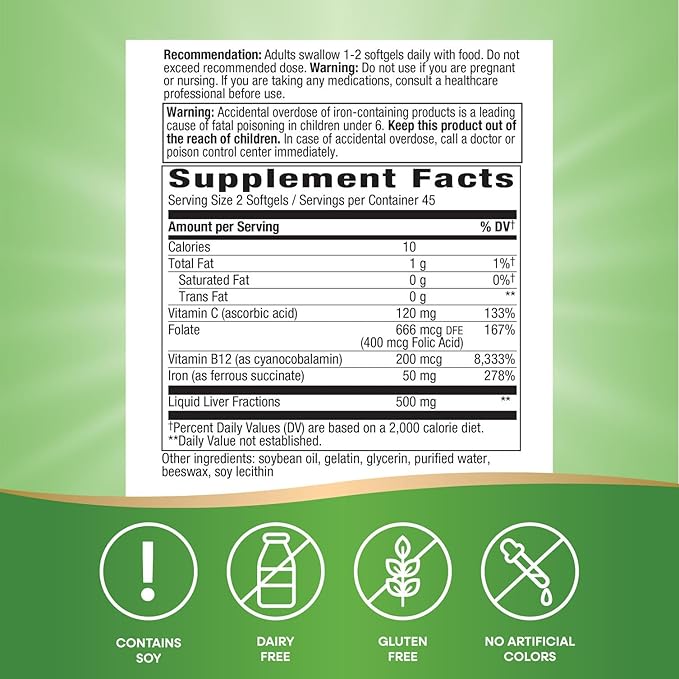 Nature’s Way Ultimate Iron Supports Healthy Red Blood Cells* Supports Cellular Energy Production* 50 mg per 2-Softgel Serving Gluten-Free 90 Softgels (Packaging May Vary)