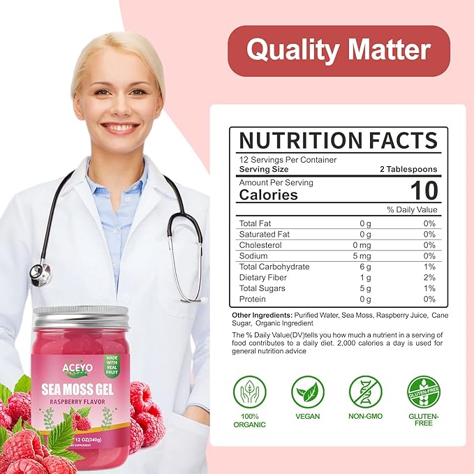ACEYO (12 OZ) Irish Sea Moss Gel Organic Raw Vegan Raspberry Flavor 102 Vitamins and Minerals Wild Harvested Non-GMO Immune Defense Booster Thyroid Digestive Support