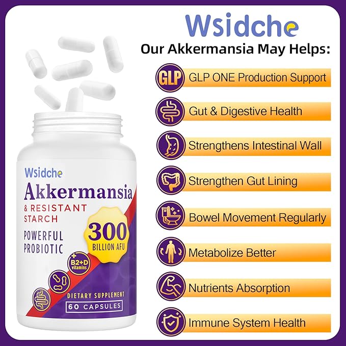 300 Billion AFU Akkermansia Muciniphila Supplement for Women &amp Men Akkermansia Probiotic Digestive Gut Immune &amp Overall Health Enhances Gut Digestive Lining Function - 240Capsule