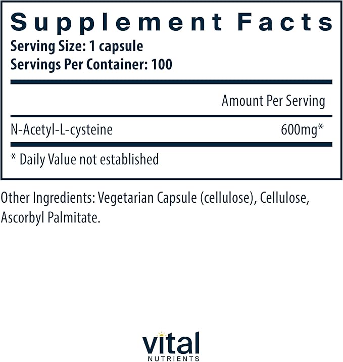 Vital Nutrients NAC 600mg - N-Acetyl Cysteine - Vegan NAC Supplement - Antioxidant for Sinus Liver Immune and Respiratory Health* - Gluten Dairy Soy Free - 100 Capsules