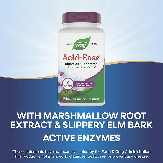 Nature's Way Acid Ease Digestive Support Supplement for Sensitive Stomachs* Marshmallow Root Extract Slippery Elm Bark Digestive Enzymes 180 Vegan Capsules (Packaging May Vary)
