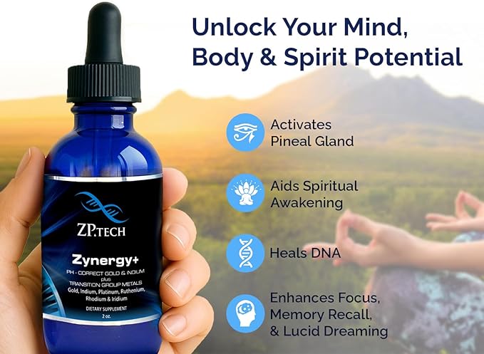Zynergy Plus Colloidal Gold Liquid | All Natural Pure Monoatomic 24k Food Grade Mineral Au &amp Indium | Ormus Gold Oil Supports Pineal Gland Anti-Aging Meditation Yoga Third Eye