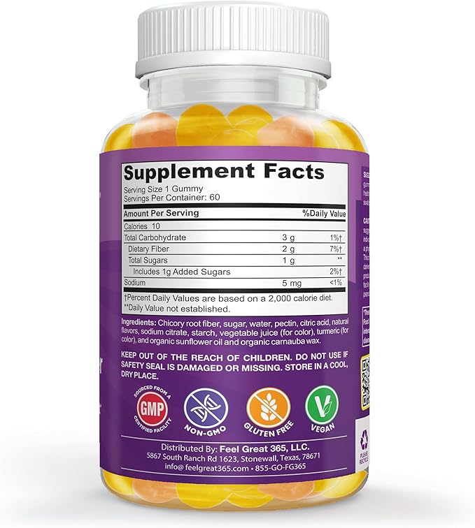 The Feel Great Vitamin Company Fiber Gummies for Kids for Digestive Support | Constipation Relief for Kids | Fruity Flavored Chewable Fiber Gummies | Vegetarian Supplements | 60 Day Supply