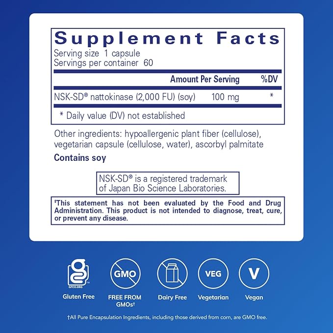 Pure Encapsulations NSK-SD - 100 mg Nattokinase - for Normal Blood Circulation - Supports Fibrinolytic Activity* - Gluten Free &amp Non-GMO - 60 Capsules