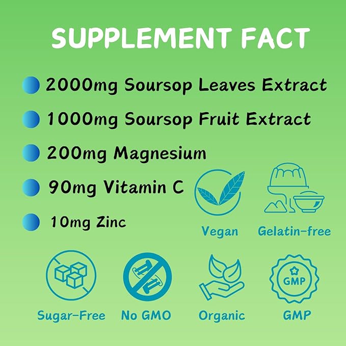 Soursop Graviola Gummies | 2000mg Soursop Leaves Extract for Digestive Cell Support Immune Support and Antioxidant | High-Absorption | Soursop Fruit for Adults | Non-GMO Vegan 120 Gummies