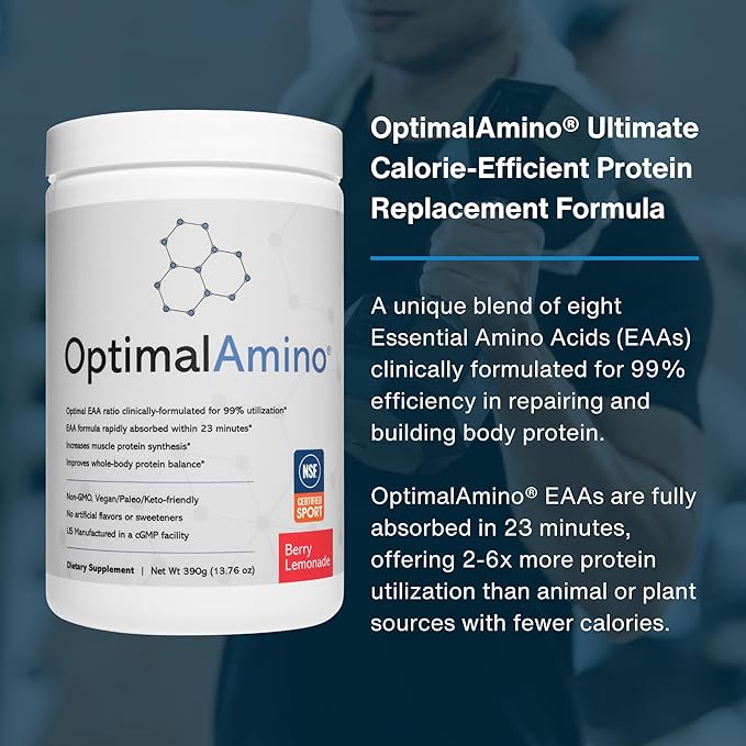 OptimalAmino® Best Pre/Post Workout Recovery Drink 99% Utilization Essential Amino Acid Supplement NSF Certified for Sport® Certified