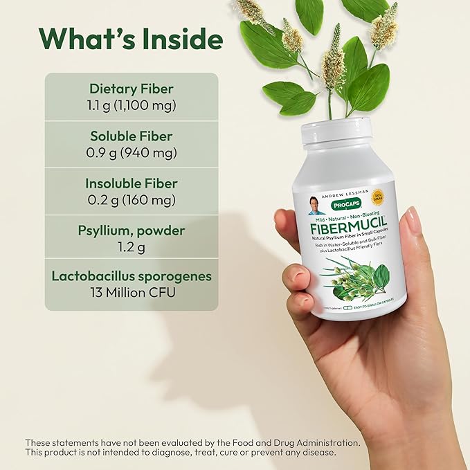 ANDREW LESSMAN Fibermucil 360 Capsules -Psyllium Husk Powder. Gently Promotes Regularity and Digestive Health. Rich in Fiber. Gentle Easy Effective. No Additives. Small Easy to Swallow Capsules