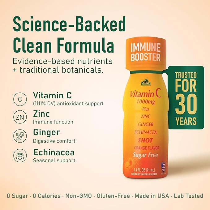 ALFA VITAMINS Vitamin C Shot 1000mg with Zinc Ginger &amp Echinacea – Supports Immune Health &amp Daily Wellness – Orange Flavor – 2.4 FL Oz Bottle – 80 Pack
