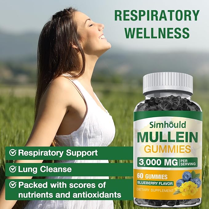 2 Pack Sugar Free 3000MG Mullein Gummies - Lung Cleanse Mullein Leaf Extract Supplement for Respiratory Organic Mullein Drops with Quercetin &amp Bromelain for Lung Digestive Health &amp Immune