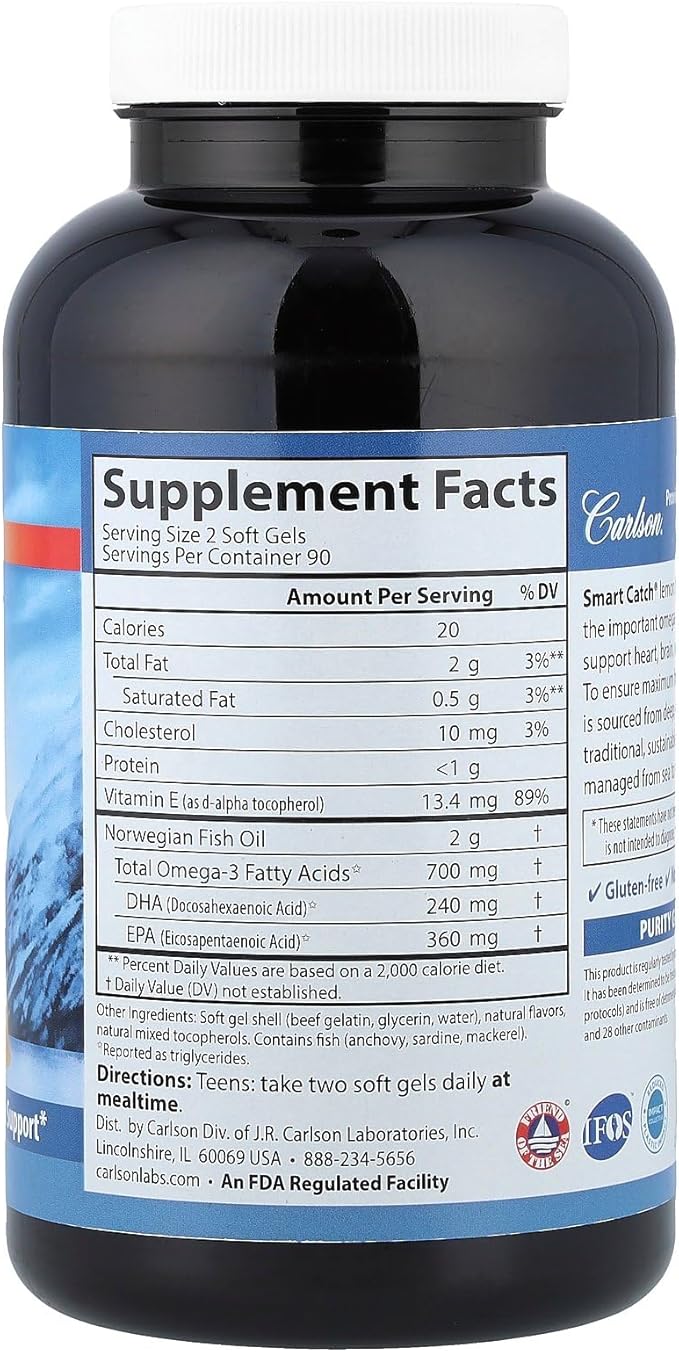 Carlson Teen's Smart Catch® Natural Lemon 180 Soft Gels