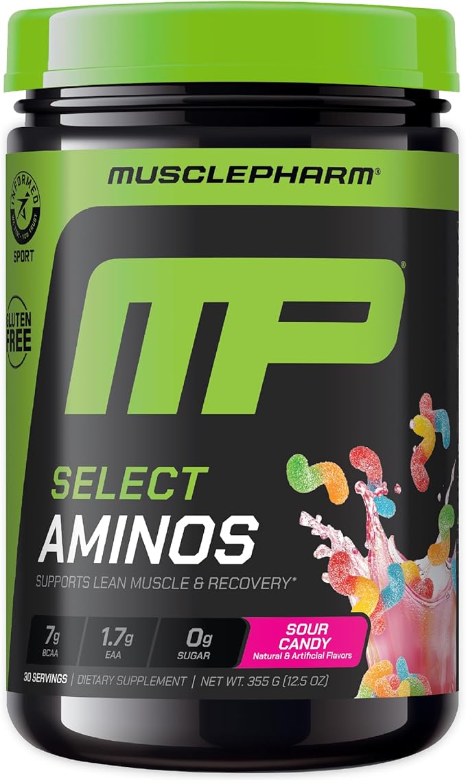 MusclePharm Select Amino's EAA + BCAAs Post Workout Essential Amino Acids Powder Pre Workout Energy Supplement for Men &amp Women with Branched Chain Amino Acids 30 Servings (Sour Candy)
