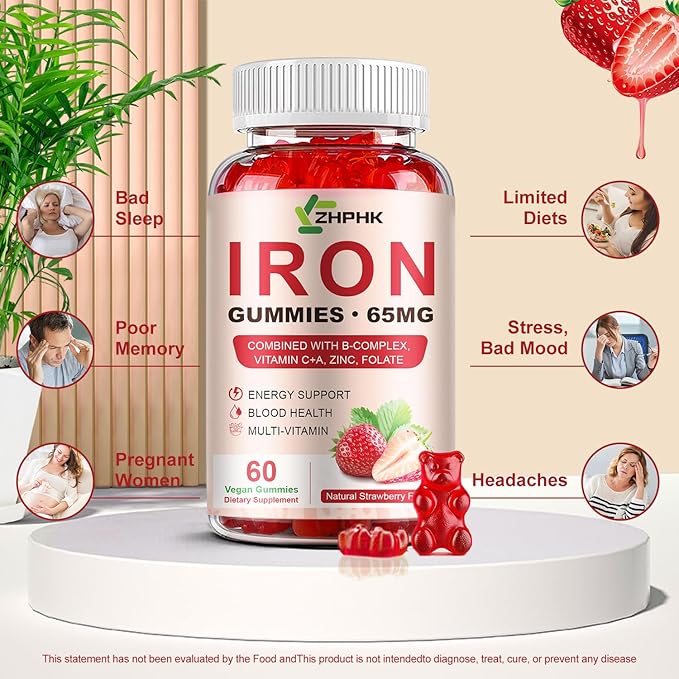 Iron Supplement Gummies for Women Men &amp Kids 65mg Iron &amp 250mg Vitamin C per Serving - Healthy Blood Energy &amp Immune Support Iron Vitamin Gummy with Folate 2 Pack