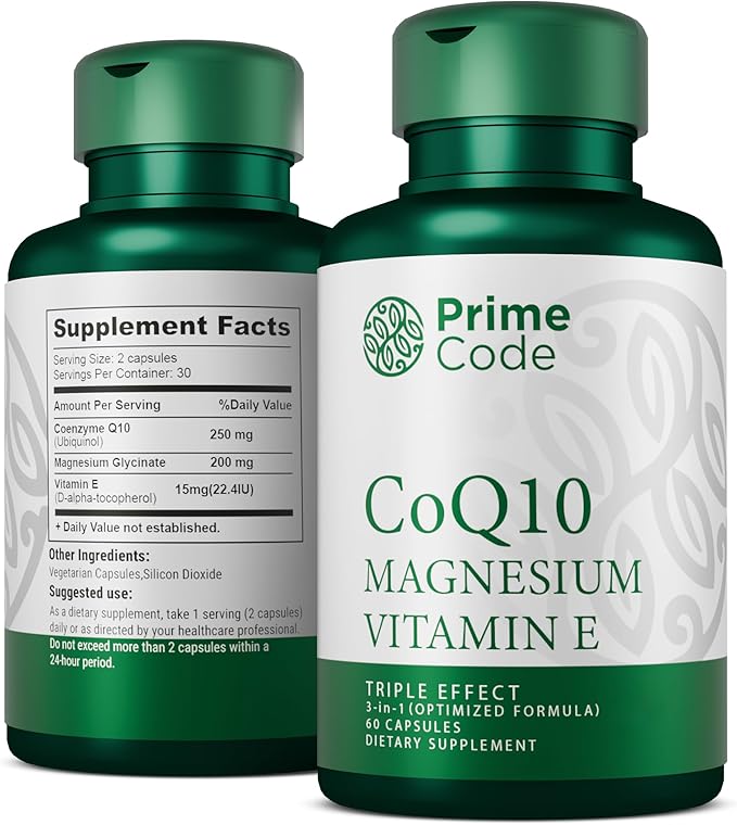 Prime Code CoQ10 250mg with Magnesium Glycinate and Vitamin E Psyllium Husk Capsules with Magnesium Citrate and Vitamin C