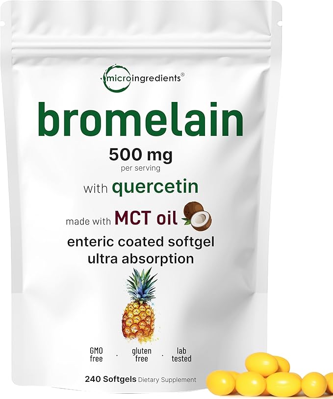 Bromelain 500mg with Quercetin &amp MCT Oil 240 Enteric Coated Softgels | Ultra Absorption Bromelain Supplement | Natural Digestive Enzymes for Digestion &amp Joint Health | Non-GMO Gluten Free