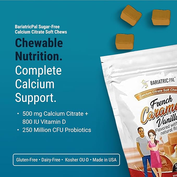 BariatricPal Sugar-Free Calcium Citrate Soft Chews | 500mg with Vitamin D &amp Probiotics | French Caramel Vanilla | 90 Count (1 Month Supply)