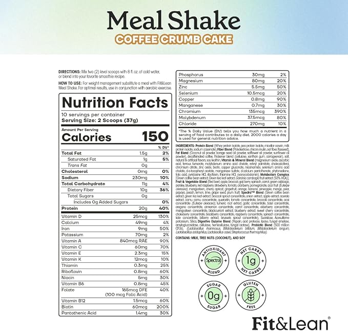 Fit &amp Lean Meal Shake Fat Burning Meal Replacement Protein Fiber Probiotics Coffee Crumb Cake 1lb 10 Servings Per Container