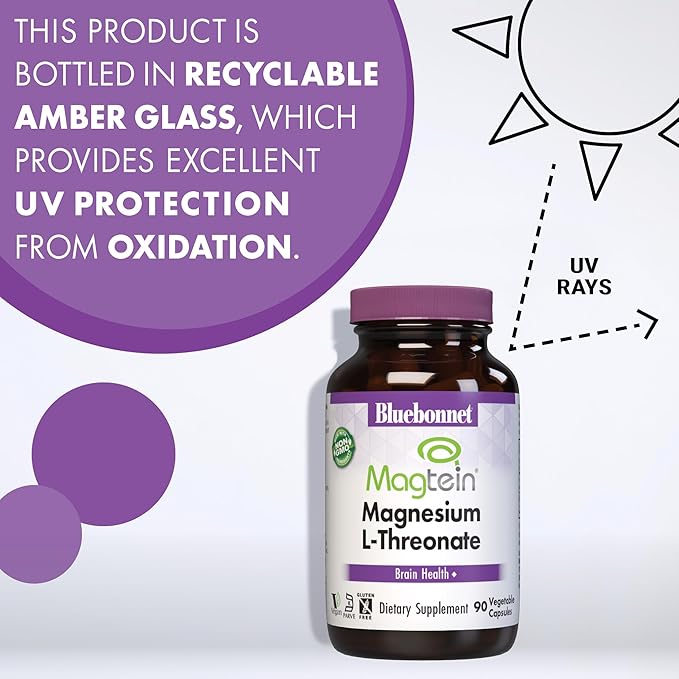 Bluebonnet Nutrition Magtein Magnesium L-Threonate Brain Health* Non-GMO Vegan Kosher Certified Gluten-Free Soy-Free 90 Vegetable Capsules 30 Servings