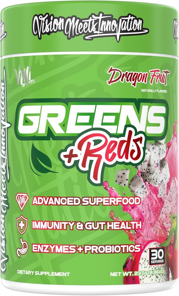 VMI Sports Greens + Reds Advanced Superfood Immunity and Gut Health | Enzymes &amp Probiotics | 30 Servings (Dragon Fruit)