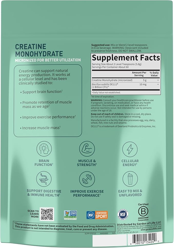 Creatine Monohydrate Powder for Women and Men by Garden of Life Micronized Pre Workout with Probiotics for Muscle Strength Performance Sport Amino Energy About 60 Easy to Mix Unflavored Servings