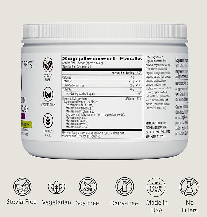 BIOptimizers Magnesium Breakthrough Drink - 8 Forms of Magnesium Electrolytes Sleep Health Stress Muscle Recovery Heart Support | Glycinate Citrate Malate - Fruit Punch