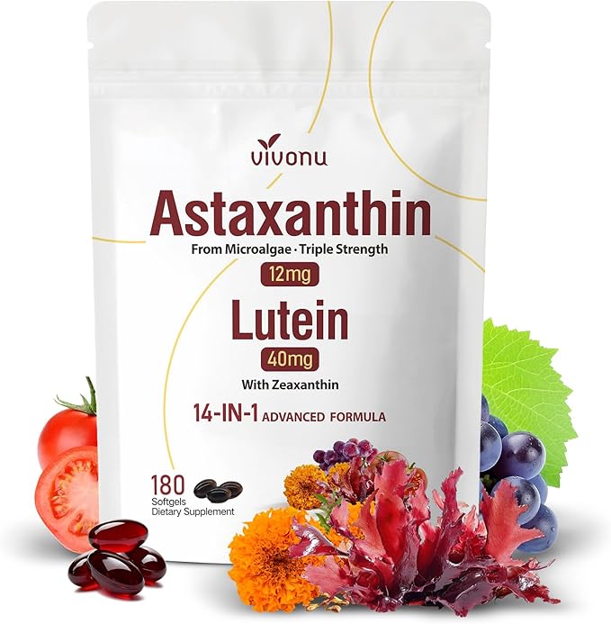 VivoNu Lutein 40mg with Zeaxanthin – Enhanced with Astaxanthin 12mg from Microalgae – 14-in-1 Antioxidant &amp Eye Support Formula – 180 Day Supply