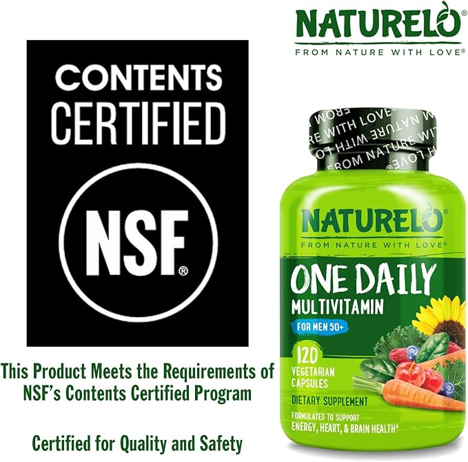NATURELO Mens Multivitamins for Men 50+ - One Daily Multivitamin for Men with Vitamins Minerals &amp Organic Whole Foods Boost Energy &amp Health Non-GMO 120 Vegetarian Capsules