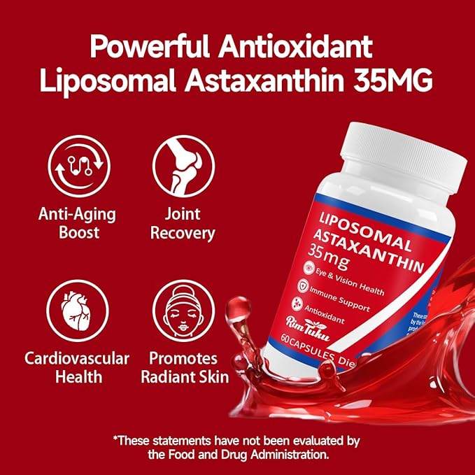 35mg Liposomal Astaxanthin Supplement - Powerful Antioxidant Support for Skin Joint &amp Eye Health - Natural Anti-Aging Formula with Pure Astaxanthin - Vegan Non-GMO 180 Capsules