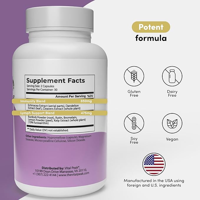 Lymph Peak - Lymphatic Drainage Supplements - Lymph System Support - with Burdock Root Echinacea Extract Bromelain Dandelion Extract &amp More - Vegan Non GMO Gluten Free - 60 Capsules