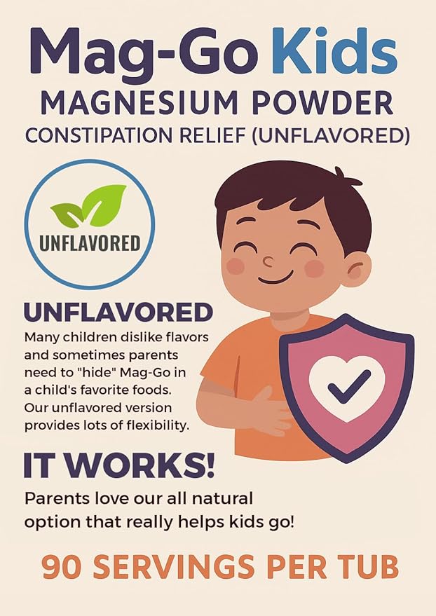 Raise Them Well Mag-Go Kids Magnesium Powder | Constipation Relief (Unflavored) | 140 Servings per Tub