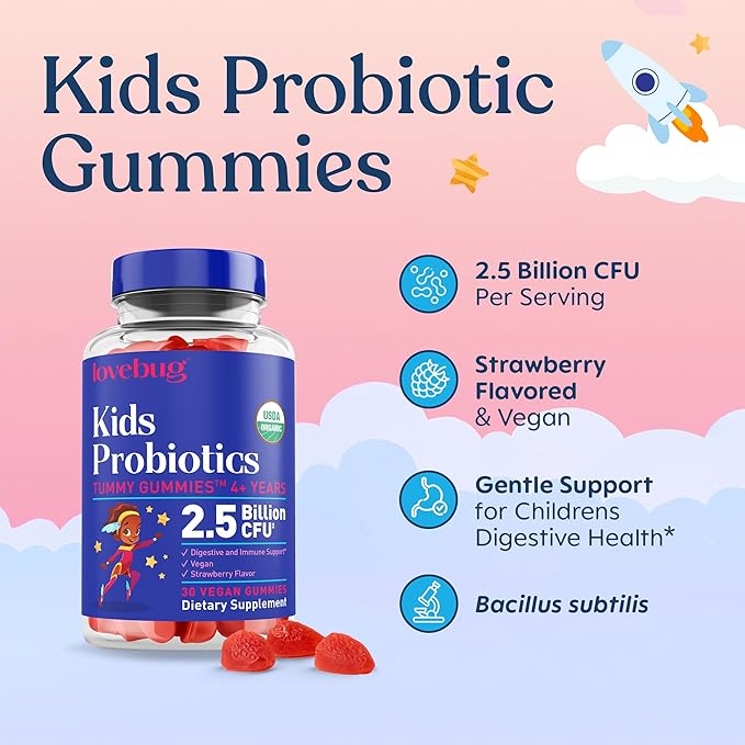 LOVEBUG Kids Probiotic Gummies – Organic Chewable Probiotics for Kids Aged 4+ Soil-Based Children’s Probiotic for Gut Health Constipation Digestive &amp Immune Support Vegan 30 Chews Strawberry