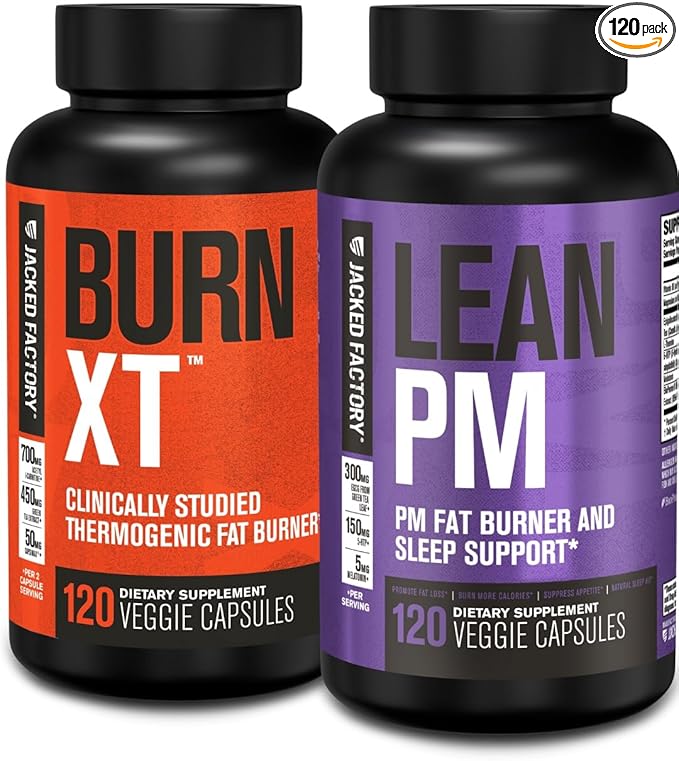Jacked Factory Burn XT Thermogenic Fat Burner &amp Lean PM Nighttime Weight Loss Supplement for Men &amp Women 120 Veggie Diet Pills
