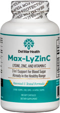 Max-LyZinC: L-Lysine 1100mg + Zinc 6 mg + Vitamin C 100 mg - 3-in-1 Supplement for Maintaining Blood Sugar Already in The Healthy Range - 180 Capsules / 30-Day Supply