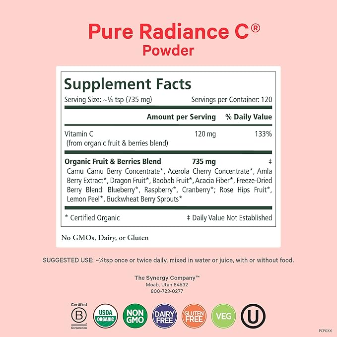 Pure Synergy Pure Radiance C | Organic Vitamin C Powder | 100% Natural Whole Food Non-GMO Supplement with Organic Camu Camu| for Immune and Collagen Support (3.1 oz Powder)