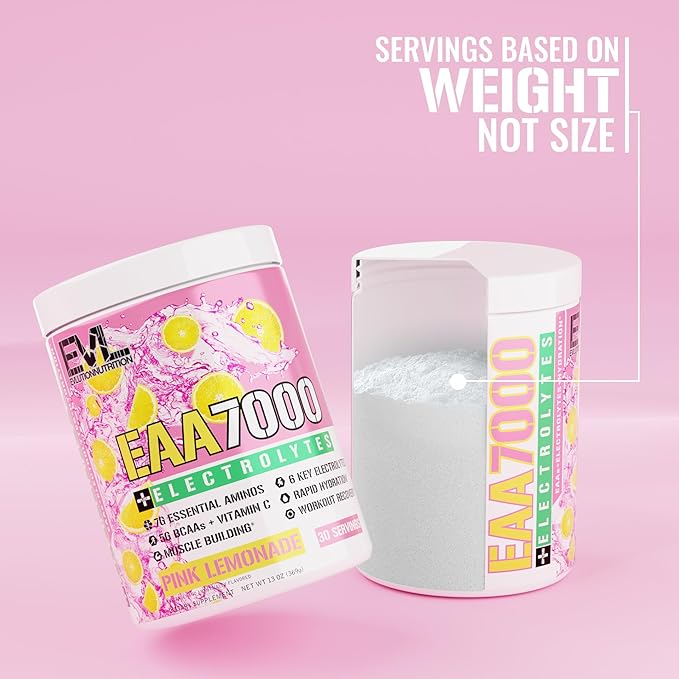 Evlution Nutrition EAA7000 + Electrolytes - Pre &amp Post Workout Powder - Muscle Building + Recovery Supplement - 7g EAAs + 5g BCAAs + 6 Key Electrolytes - Rapid Hydration - 30 Servings - Pink Lemon