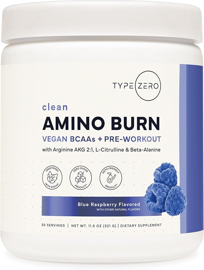 Type Zero Amino Burn - Vegan BCAA + Clean Pre Workout Powder with Arginine AKG L-Citrulline &amp Beta Alanine - Amino Acid Clean Energy Endurance &amp Hydration Supplement - Blue Raspberry 30 Ser