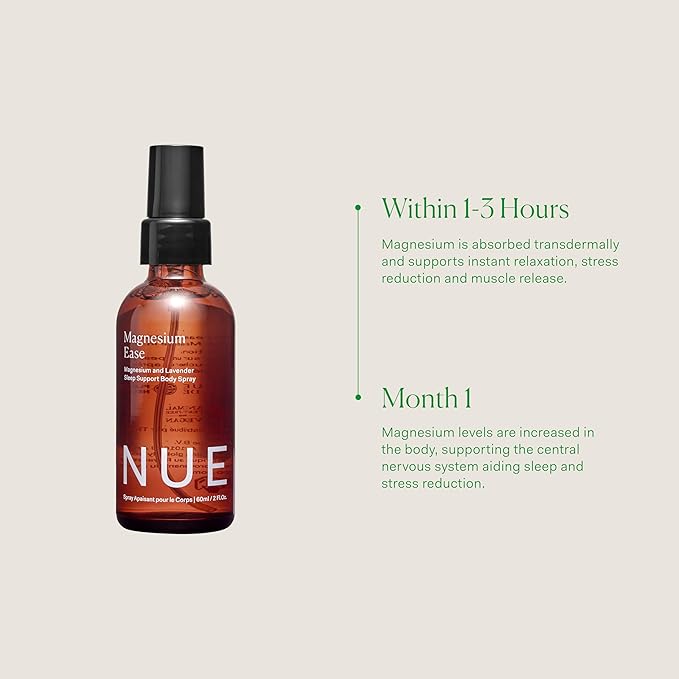 The Nue Co Magnesium Ease Skin Spray for Muscle Pain &amp Tension Relief with Lavender &amp Arnica Oil High Absorption Sports Recovery &amp Sleep Vegan Paraben-Free Non-Toxic 60ml