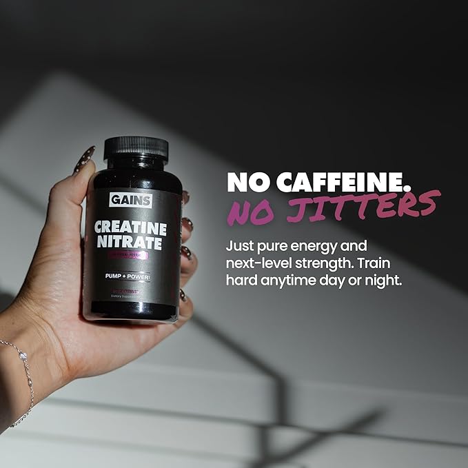 Gains in Bulk Crea-Nitric Creatine Nitrate Pre Workout Supplement Nitric Oxide Support Promotes Muscle Strength Pump and Non-Stim Energy Supplements for Men and Women Gluten Free 90 Capsules
