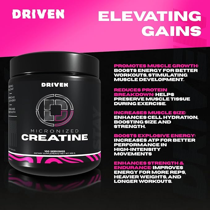 Driven Nutrition Micronized Creatine Monohydrate Powder – 500g | Pure Unflavored 5g Per Serving | Muscle Strength Power Endurance &amp Recovery Supplement