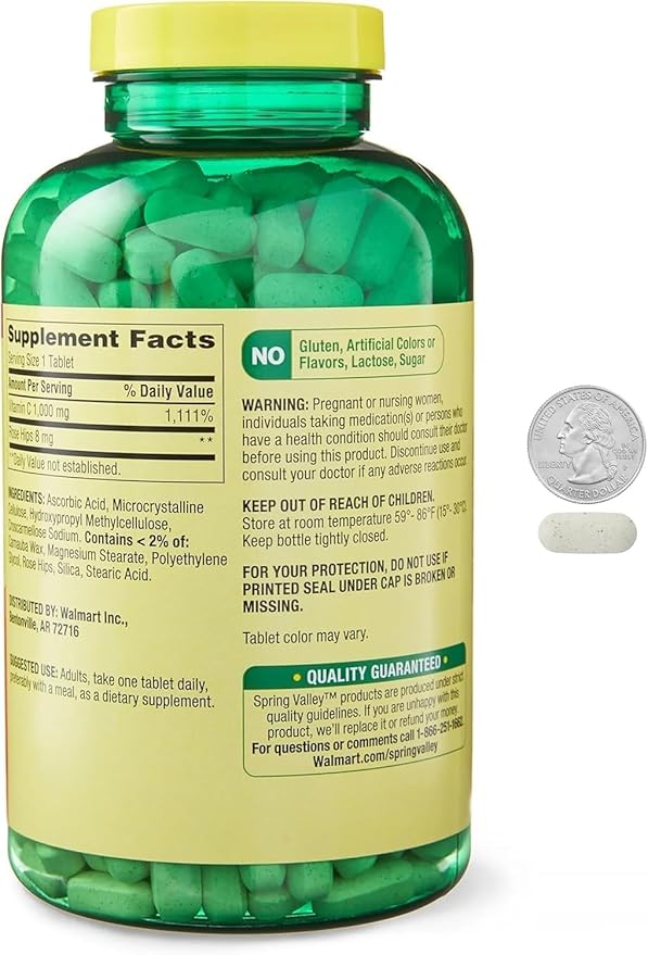 Spring Valley Vitamin C 1000mg with Rose HIPS Tablets Dietary Supplement 500 Count Antioxidant Protection* (Pack of 1) + Vsl Sticker