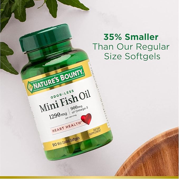 Nature's Bounty Mini Fish Oil Softgels 1290 mg Omega-3 Supports Heart Health Odor-Less 90 Mini Coated Softgels - Pack of 2