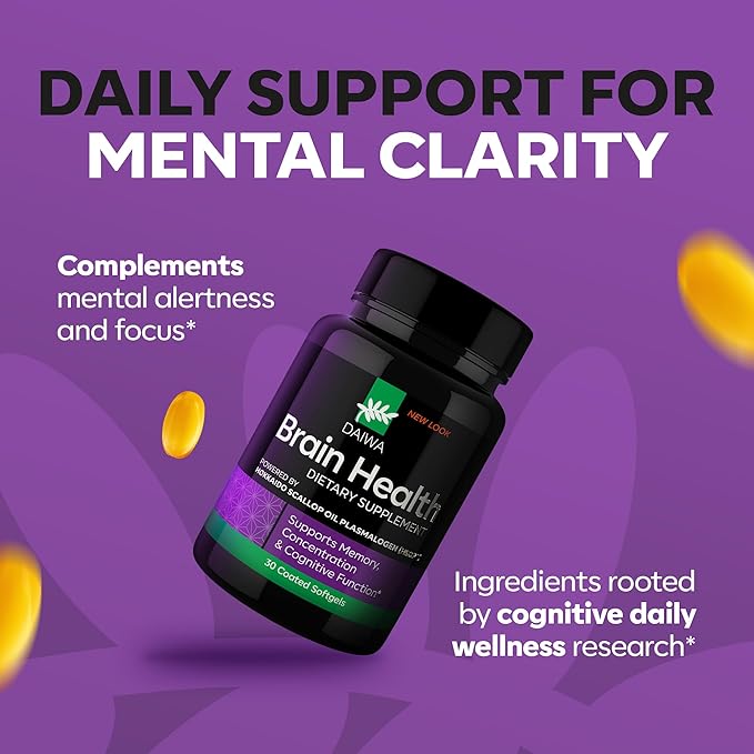 DAIWA Advanced Omega-3 Brain Supplement - Phospholipid Omega Formula with Hokkaido Scallop Oil Plasmalogen for Memory Focus and Cognitive Wellness - 30 Softgels