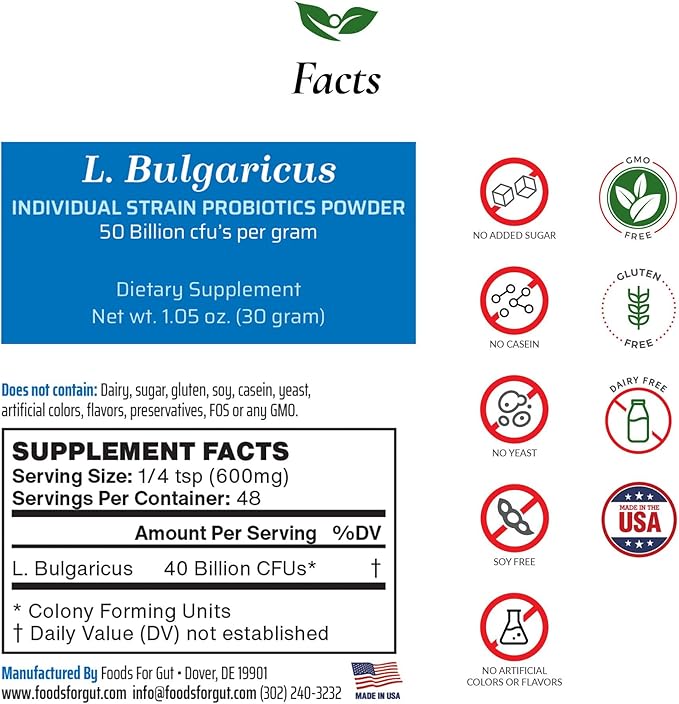 Foods For Gut Lactobacillus Bulgaricus Probiotic Powder 50 Billion cfu's | Made in USA | No Additives | Digestive &amp Immune Support | High Potency | L. Bulgaricus | 30 Grams (1.05 Oz)