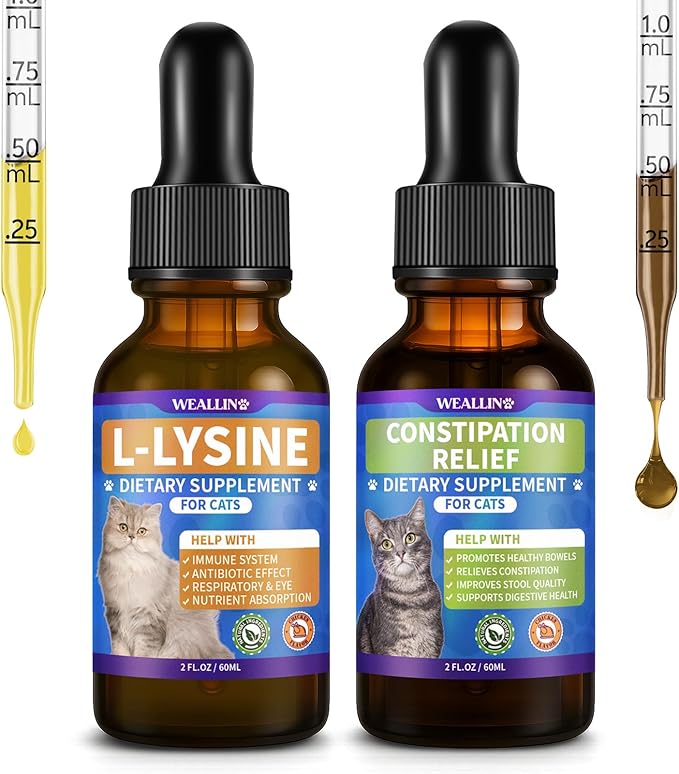 L-lysine Supplement for Cats + Cat Constipation Relief Supplement Liquid Cat Health Supplements for Immune Respiratory &amp Digestive Support Chicken Flavor 2 Fl Oz Each