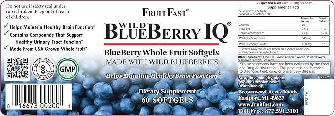 Wild Blueberry IQ by FruitFast | 60 Count - Non-GMO - Gluten Free - Paste Filled Chewable Softgel